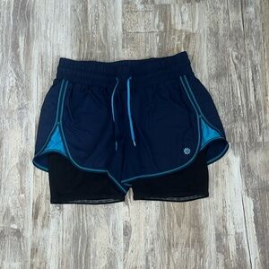 Athleta Ready Set 2 in 1 Running Short Blue Black Elastic Waist Zip Pocket XS